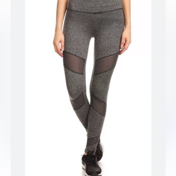 POPFOT WOMEN LEGGINGS ACTIVEWEAR GRAY WITH BLACK MESH STRIPES SIZE MEDIUM - Picture 3 of 8